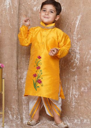 Mustard Yellow Readymade Embroidered Kids Dhoti Kurta