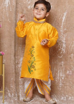 Orange Embroidered Readymade Kids Dhoti With Kurta