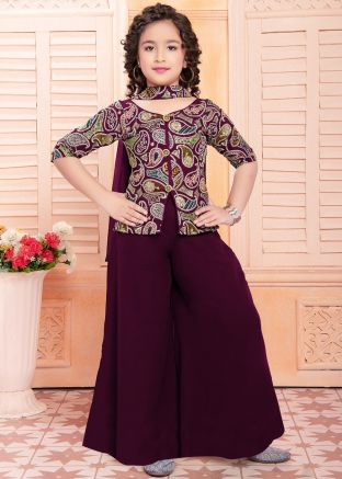 Readymade Kids Wine Embroidered Palazzo Suit