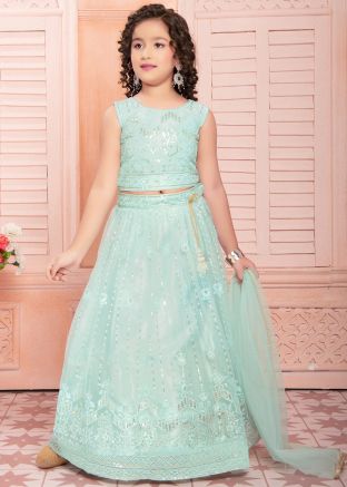 Kids Readymade Turquoise Embroidered Lehenga Choli