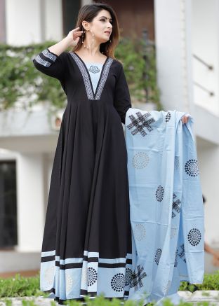 Black Printed Readymade Anarkali Suit In Cotton 