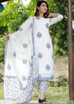 White Readymade Cotton Suit With Printed Pant