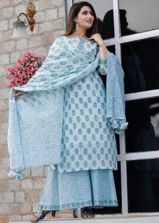 Blue Readymade Palazzo Suit With Printed Dupatta