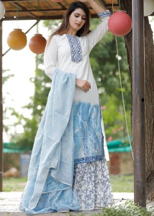 Gotta Embellished White Readymade Suit In Cotton