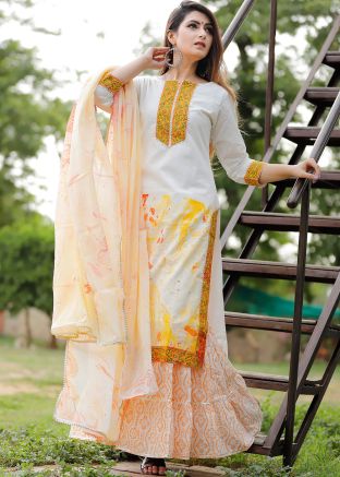 White Printed Sharara With Readymade Cotton Suit