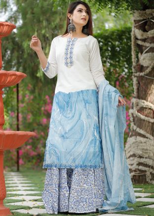 Readymade White Suit With Floral Printed Sharara