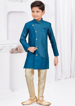 Blue Kids Readymade Overlapped Sherwani In Embroidery