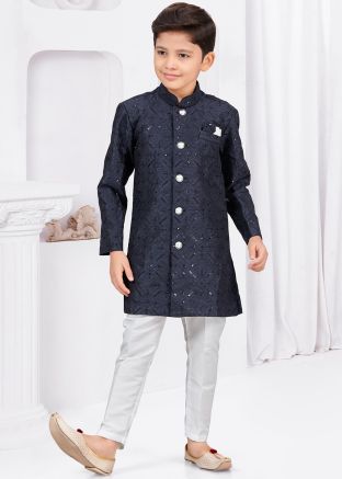 Blue Kids Readymade Indowestern Sherwani In Banarasi Silk
