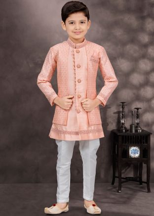 Peach Kids Readymade Jacket Style Sherwani In Embroidery