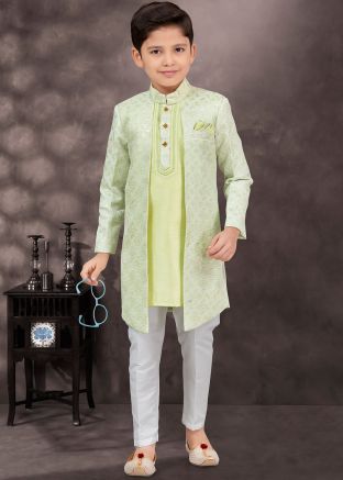 Pastel Green Kids Readymade Jacket Style Sherwani Set