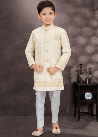 Cream Kids Readymade Jacket Style Kids Sherwani 
