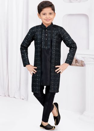 Black Kids Readymade Jacket Style Banarasi Sherwani 