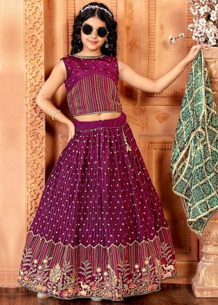 Purple Readymade Kids Chiffon Lehenga Choli 