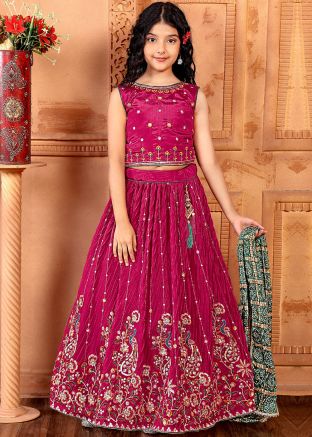 Pink Readymade Kids Lehenga Choli In Chiffon
