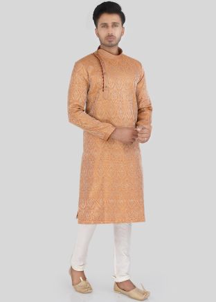 Orange Brocade Woven Kurta With Churidar