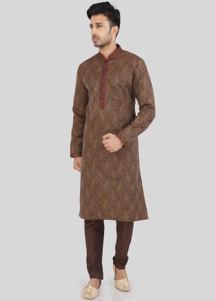 Brown Woven Brocade Kurta With Churidar