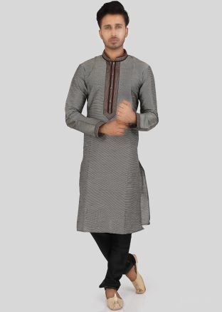 Grey Readymade Stripes Print Kurta Churidar Set