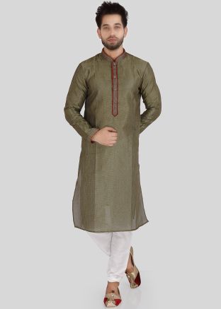Green Art Silk Readymade Kurta With Churidar