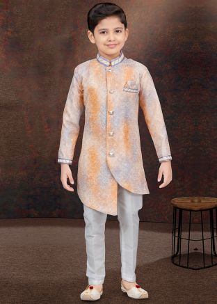 Orange Kids Readymade Digital Print Indo Western Sherwani