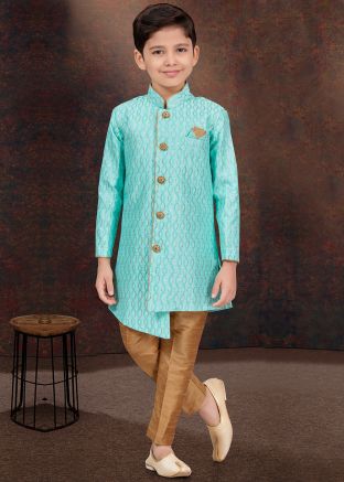 Readymade Embroidered Turquoise Kids Indo Western Sherwani