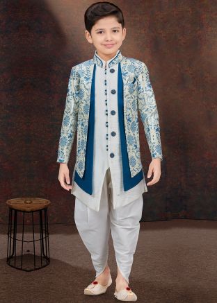 Off White & Blue Printed Kids Readymade Indo Western Sherwani