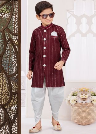Maroon Embellished Kids Readymade Indo Western Sherwani