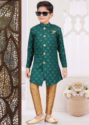 Kids Green Readymade Embroidered Sherwani Set