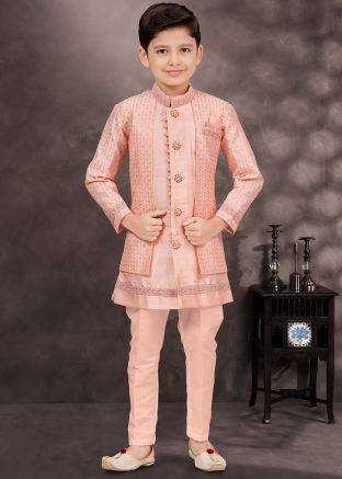 Peach Embellished Jacket Style Kids Readymade Sherwani Set
