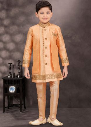 Light Orange Jacket Style Kids Embroidered Sherwani Set