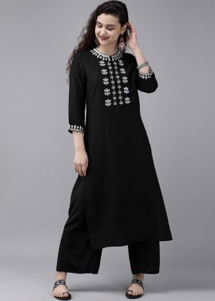 Readymade Black Embroidered Rayon Kurta Set