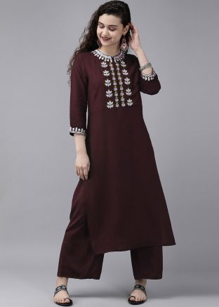 Brown Embroidered Long Kurta With Palazzo