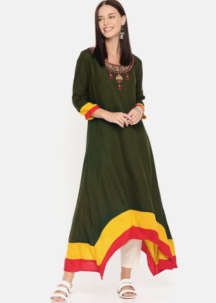 Readymade Green Asymmetric Kurta Pant Set
