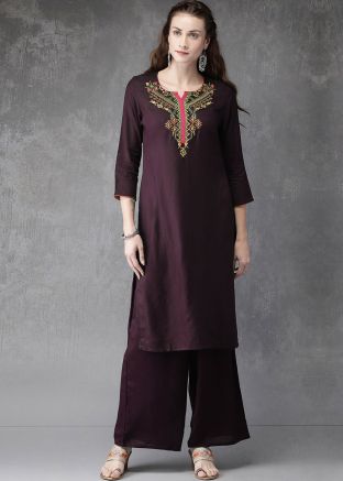 Readymade Purple Embroidered Rayon Kurta Set