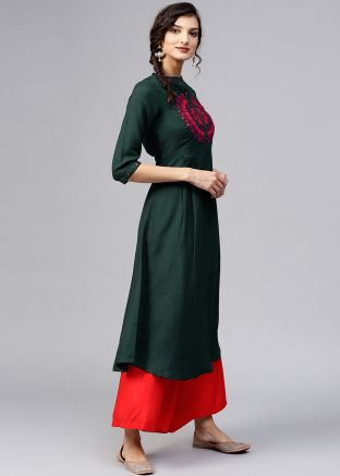 Green Readymade Embroidered Slit Style Kurta Set