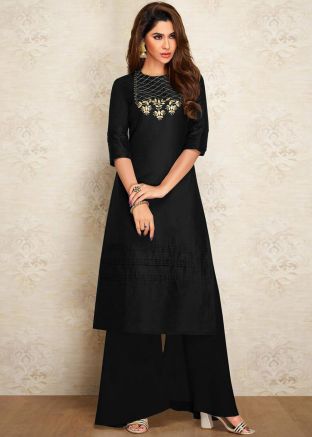Black Embroidered Readymade Kurta With Palazzo