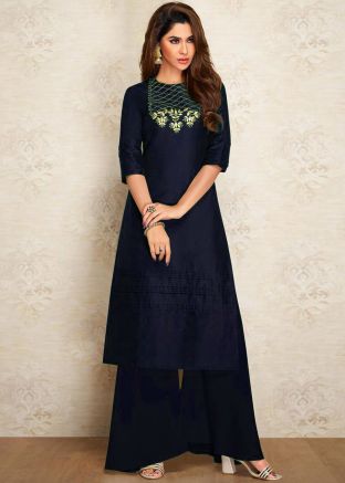 Readymade Navy Blue Embroidered Kurta Set