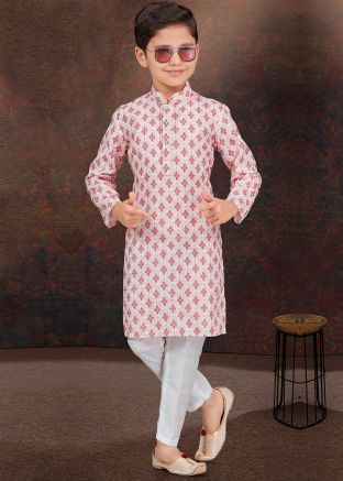 Peach Embroidered Readymade Kids Kurta Pajama In Rayon