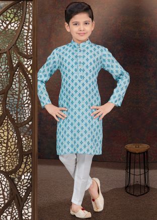 Blue Rayon Embroidered Readymade Kids Kurta Pajama