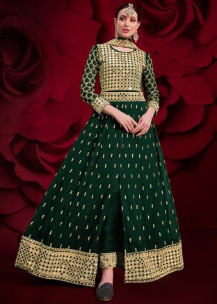 Green Mirror Work Slitted Anarkali Georgette Suit