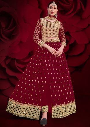 Maroon Mirror Work Festive Salwar Kameez