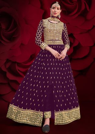 Purple Mirror Work Front Slit Salwar Kameez
