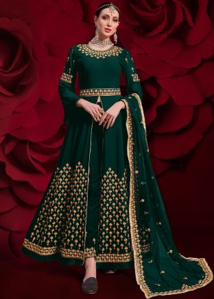 Green Embroidered Bell Sleeved Slit Style Pant Suit