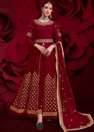 Maroon Embroidered Slit Style Bridal Pant Salwar Suit