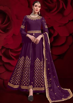Purple Embroidered Bell Sleeved Slit Style Pant Suit