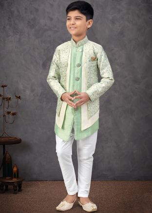 Green Floral Print Kids Sherwani In Jacket Style