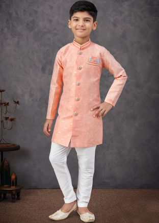 Peach Embroidered Kids Sherwani In Banarasi Silk