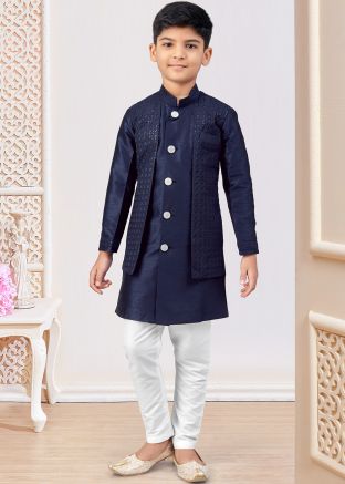 Blue Embroidered Kids Sherwani In Jacket Style