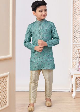 Blue Printed Kids Kurta Pajama In Jacquard