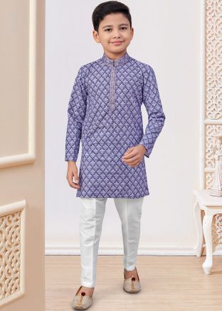 Blue Printed Kids Kurta Pajama In Rayon