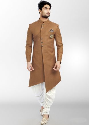 Beige Readymade Asymmetric Indo Western Sherwani Set